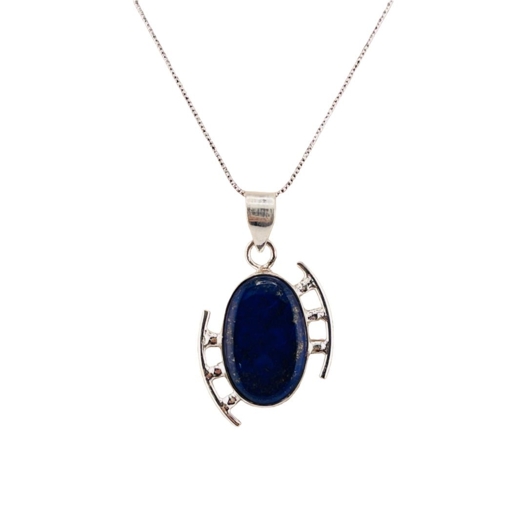 Sterling Silver, Natural Gemstone, Irregular Oval, Blue and Black, Pendant, Necklace