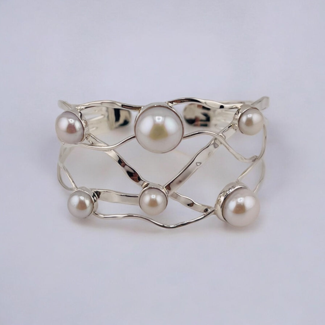 Sterling Silver, Freshwater Pearls, Wide Cuff, Bracelet - Wide Pearl Radiance