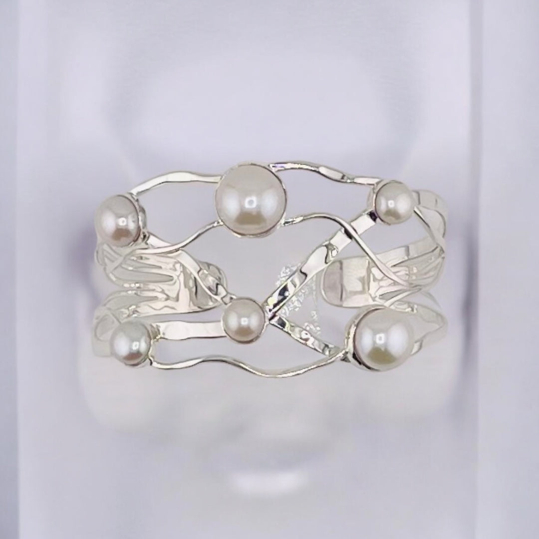 Sterling Silver, Freshwater Pearls, Wide Cuff, Bracelet - Wide Pearl Radiance