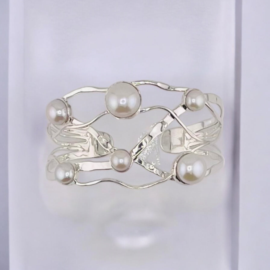 Sterling Silver, Freshwater Pearls, Wide Cuff, Bracelet - Wide Pearl Radiance