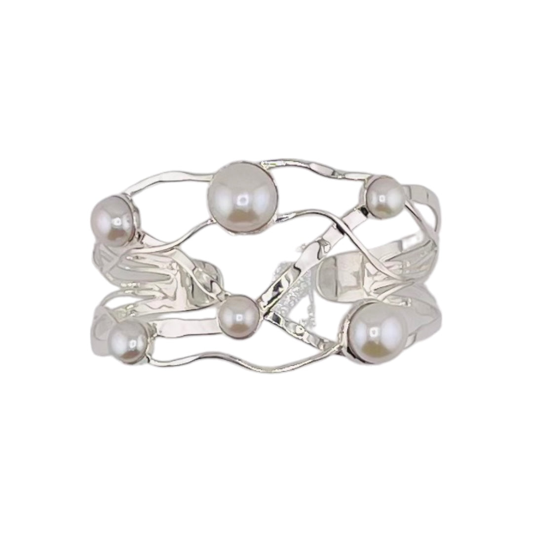 Sterling Silver, Freshwater Pearls, Wide Cuff, Bracelet - Wide Pearl Radiance