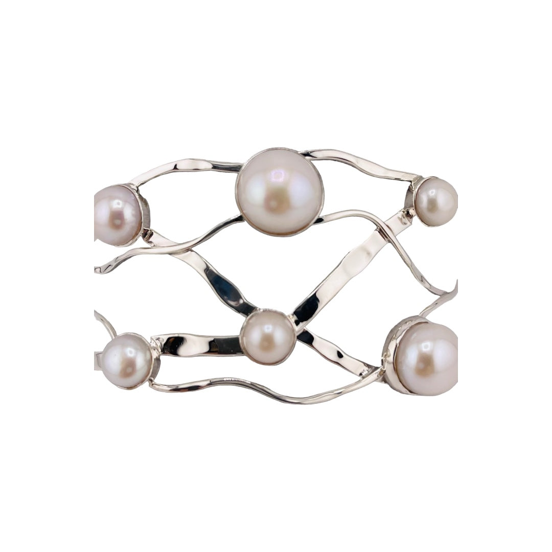 Sterling Silver, Freshwater Pearls, Wide Cuff, Bracelet - Wide Pearl Radiance