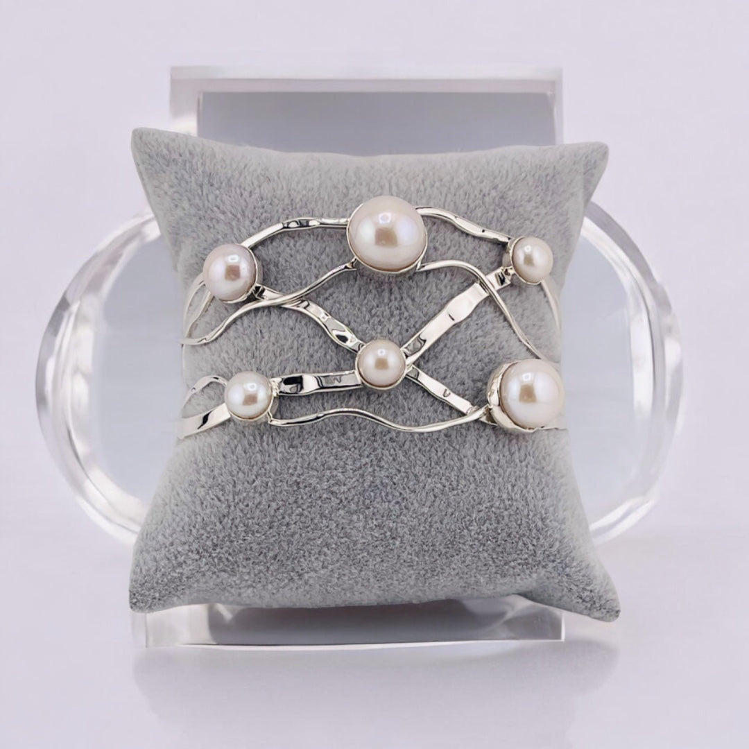 Sterling Silver, Freshwater Pearls, Wide Cuff, Bracelet - Wide Pearl Radiance