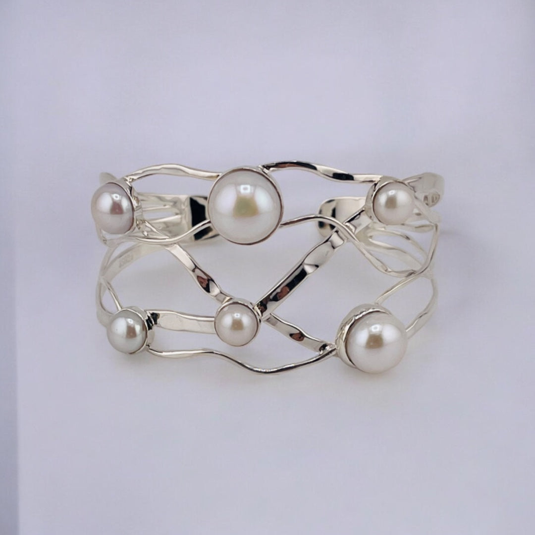 Sterling Silver, Freshwater Pearls, Wide Cuff, Bracelet - Wide Pearl Radiance