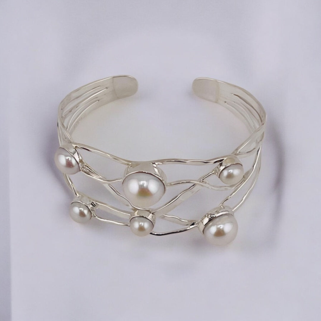 Sterling Silver, Freshwater Pearls, Wide Cuff, Bracelet - Wide Pearl Radiance