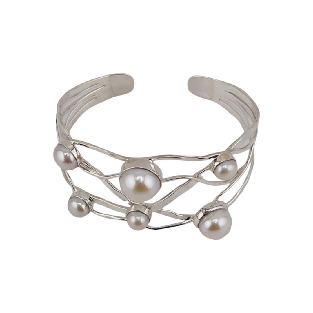 Sterling Silver, Freshwater Pearls, Wide Cuff, Bracelet - Wide Pearl Radiance