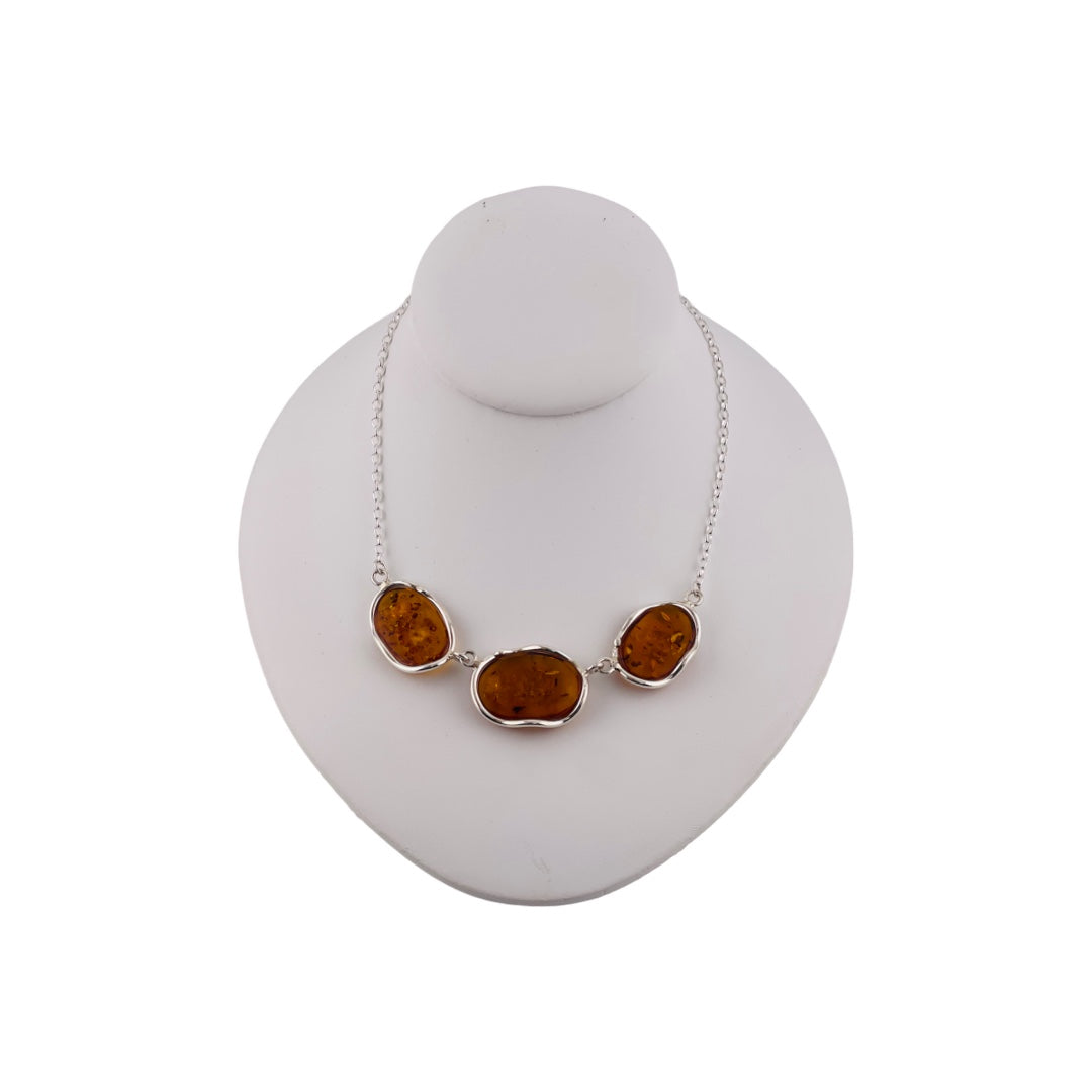 Celtic Sterling Silver Necklace with Polished Cognac Honey Amber Stone, Gift for Her