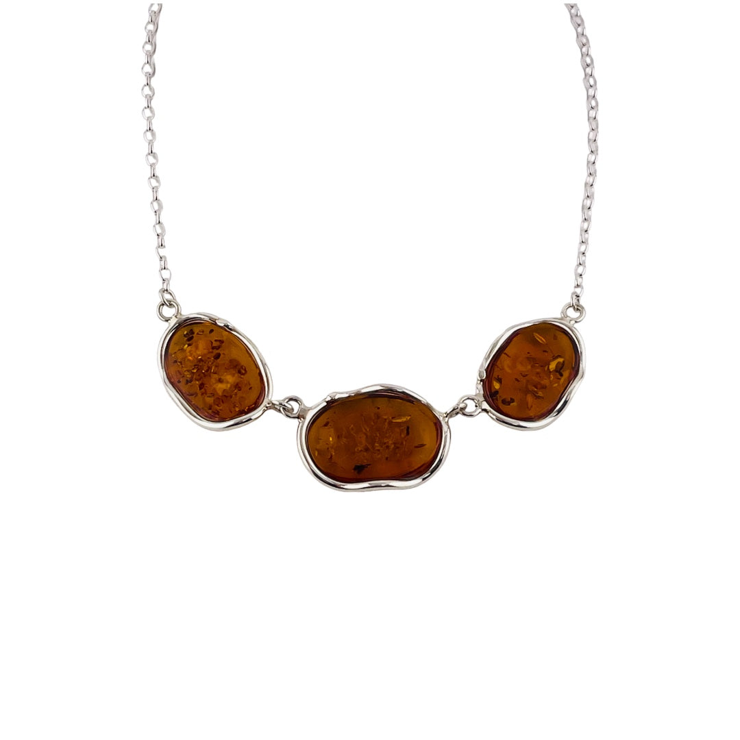 Celtic Sterling Silver Necklace with Polished Cognac Honey Amber Stone, Gift for Her