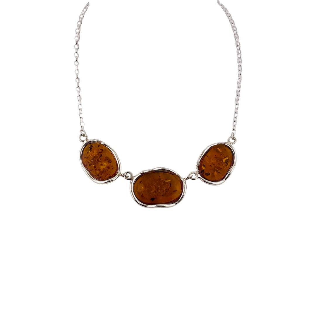 Celtic Sterling Silver Necklace with Polished Cognac Honey Amber Stone, Gift for Her