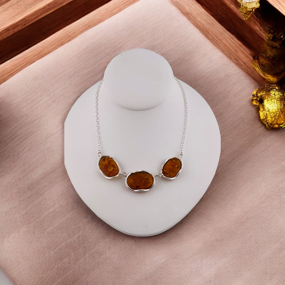 Celtic Sterling Silver Necklace with Polished Cognac Honey Amber Stone, Gift for Her