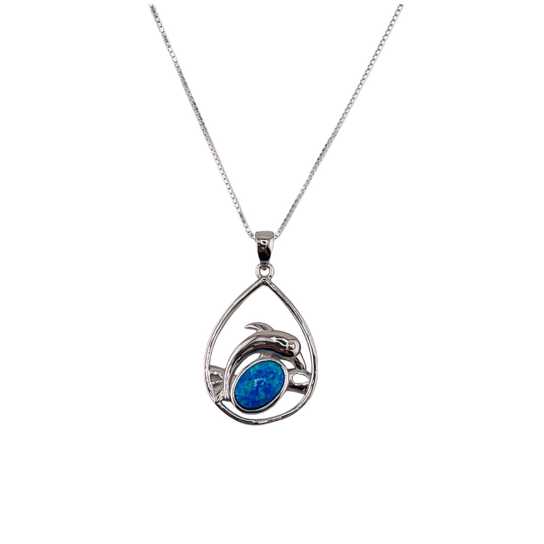 Sterling Silver Teardrop Pendant with Dolphin Blue Gemstone - Ocean & Dolphin Lovers' Delight