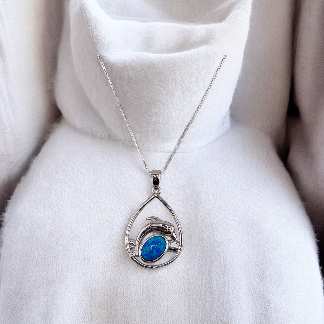 Sterling Silver Teardrop Pendant with Dolphin Blue Gemstone - Ocean & Dolphin Lovers' Delight