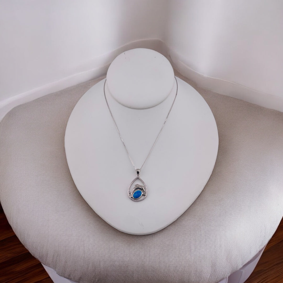 Sterling Silver Teardrop Pendant with Dolphin Blue Gemstone - Ocean & Dolphin Lovers' Delight