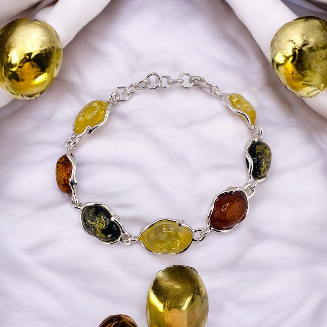 Sterling Silver Bracelet with Cognac, Green, and Yellow Natural Stones - Simple & Classy Design