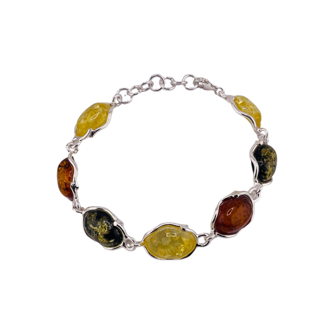 Sterling Silver Bracelet with Cognac, Green, and Yellow Natural Stones - Simple & Classy Design