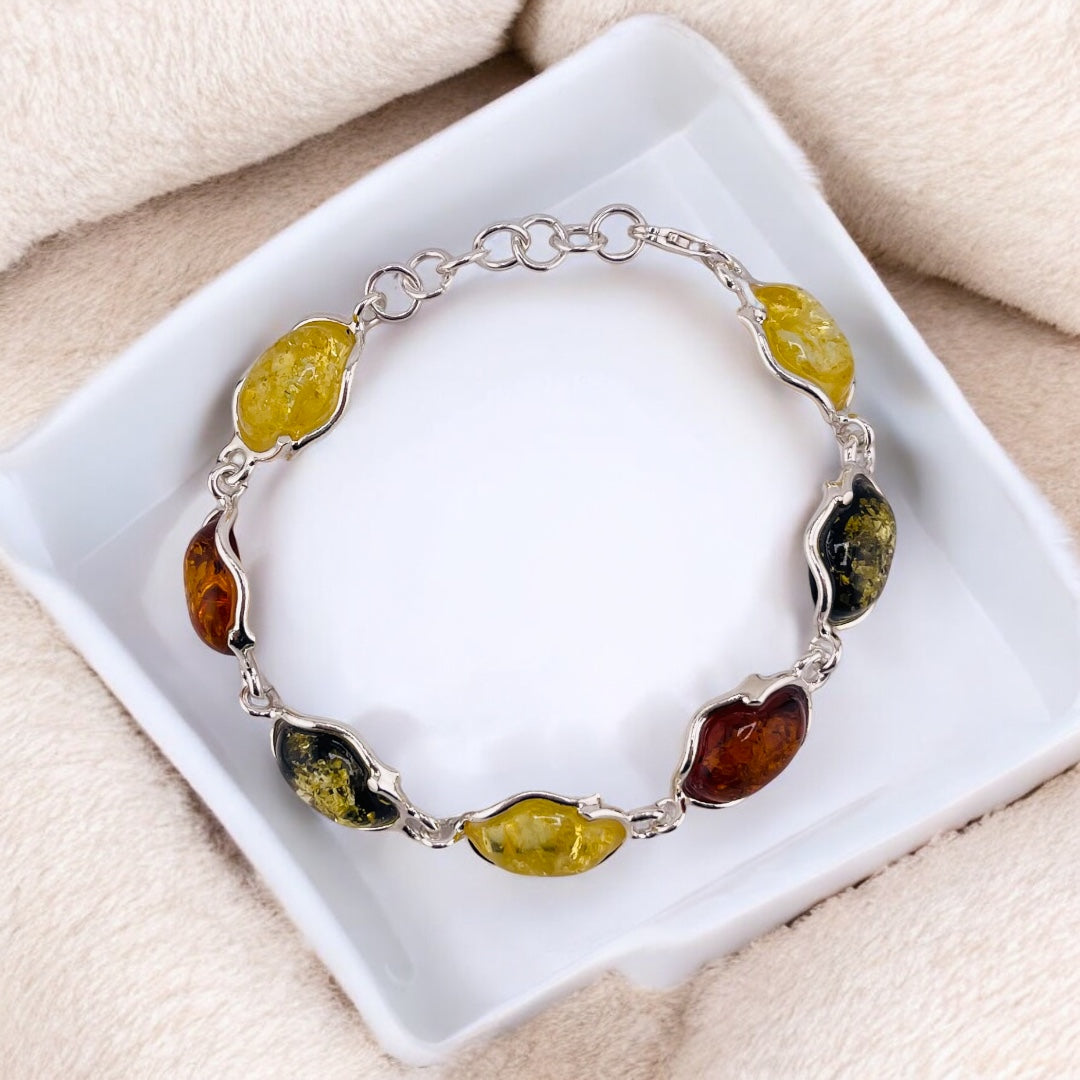 Sterling Silver Bracelet with Cognac, Green, and Yellow Natural Stones - Simple & Classy Design