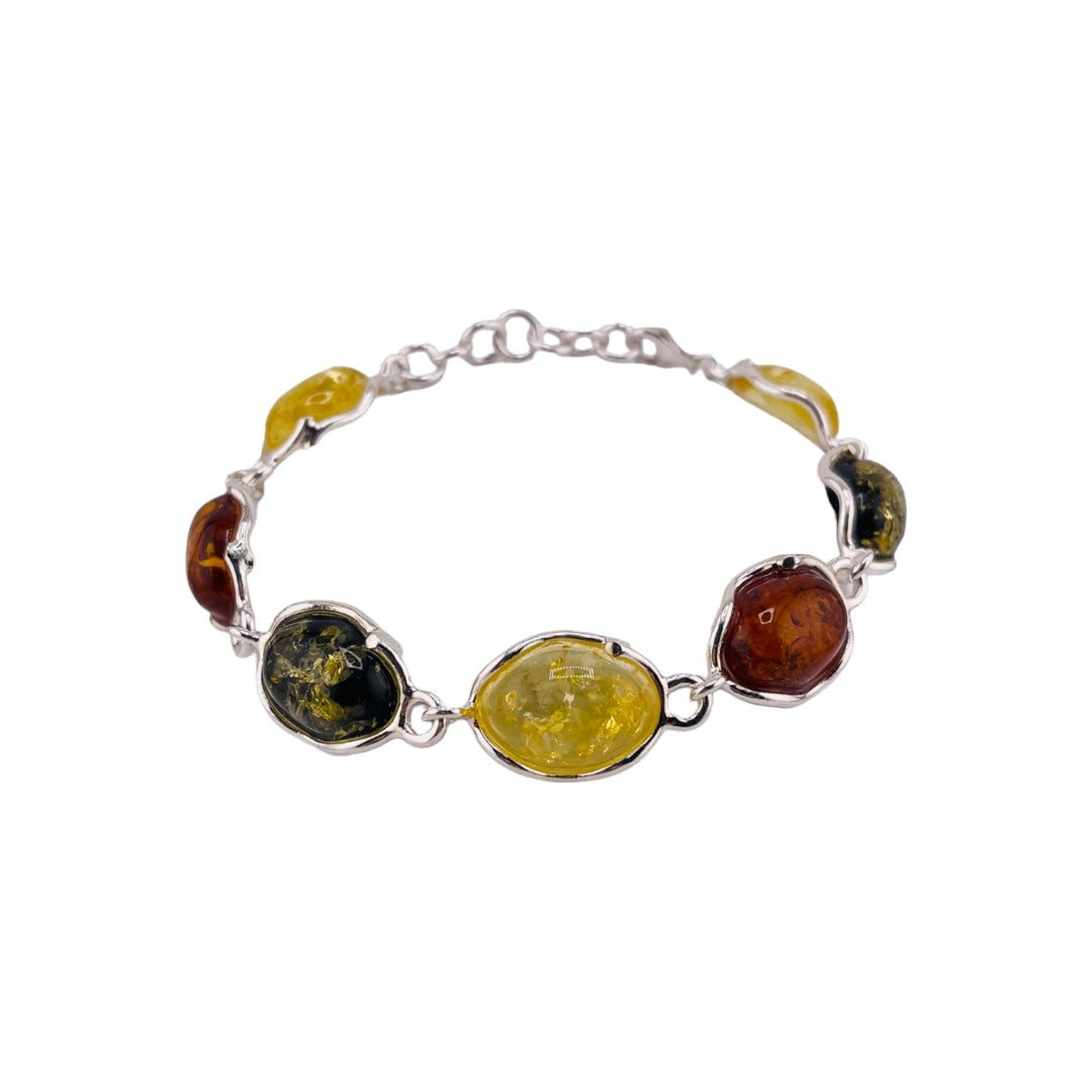 Sterling Silver Bracelet with Cognac, Green, and Yellow Natural Stones - Simple & Classy Design