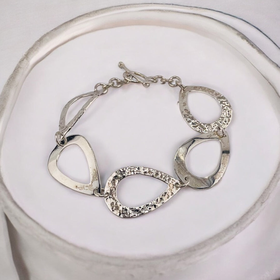 Sterling Silver Bracelet with Hammered Hoops and Smooth Loops - Toggle Clasp Design