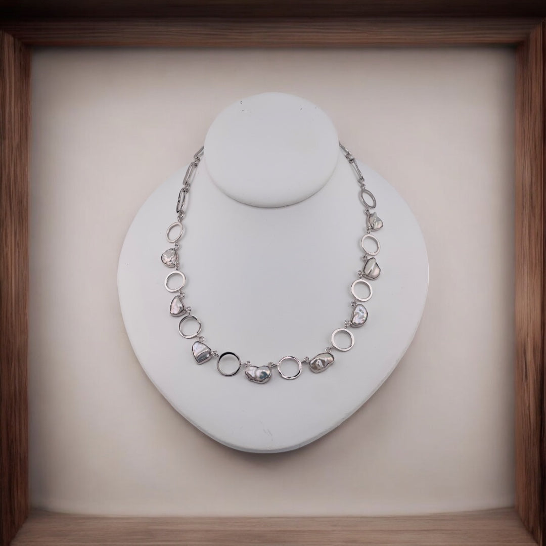 Sterling Silver Necklace with Freshwater Pearls and Circular Hoops - Toggle Clasp Design