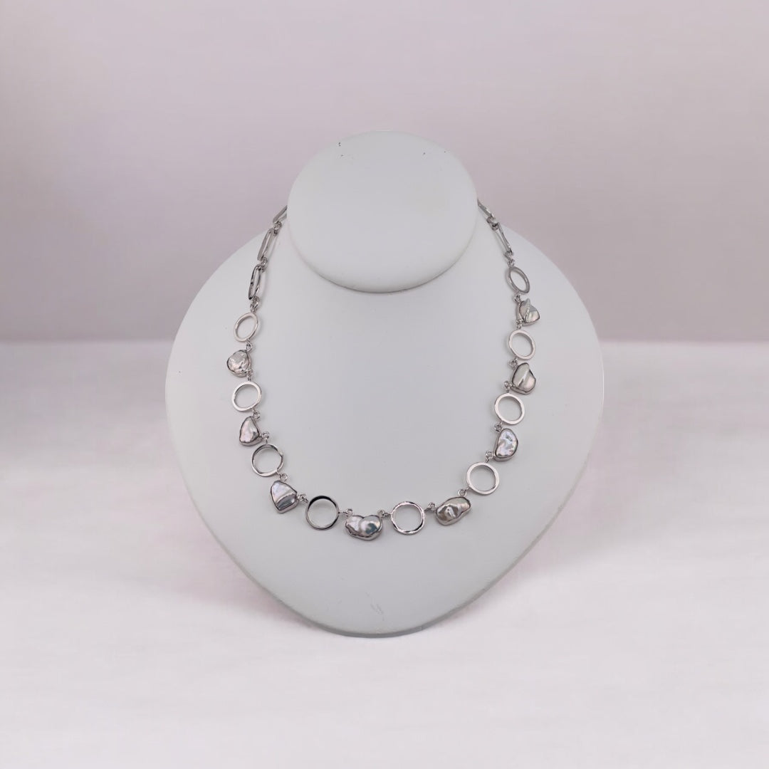 Sterling Silver Necklace with Freshwater Pearls and Circular Hoops - Toggle Clasp Design