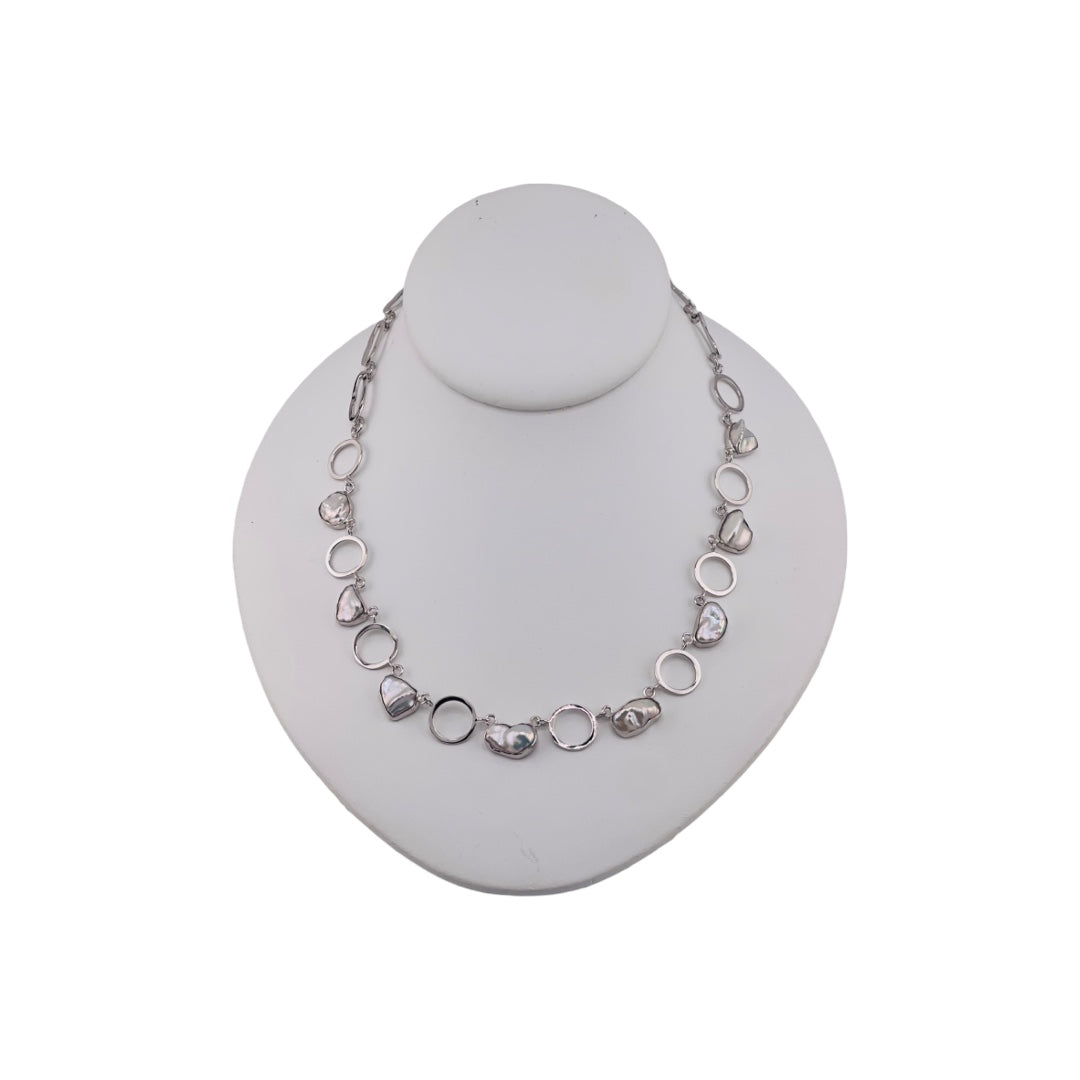 Sterling Silver Necklace with Freshwater Pearls and Circular Hoops - Toggle Clasp Design