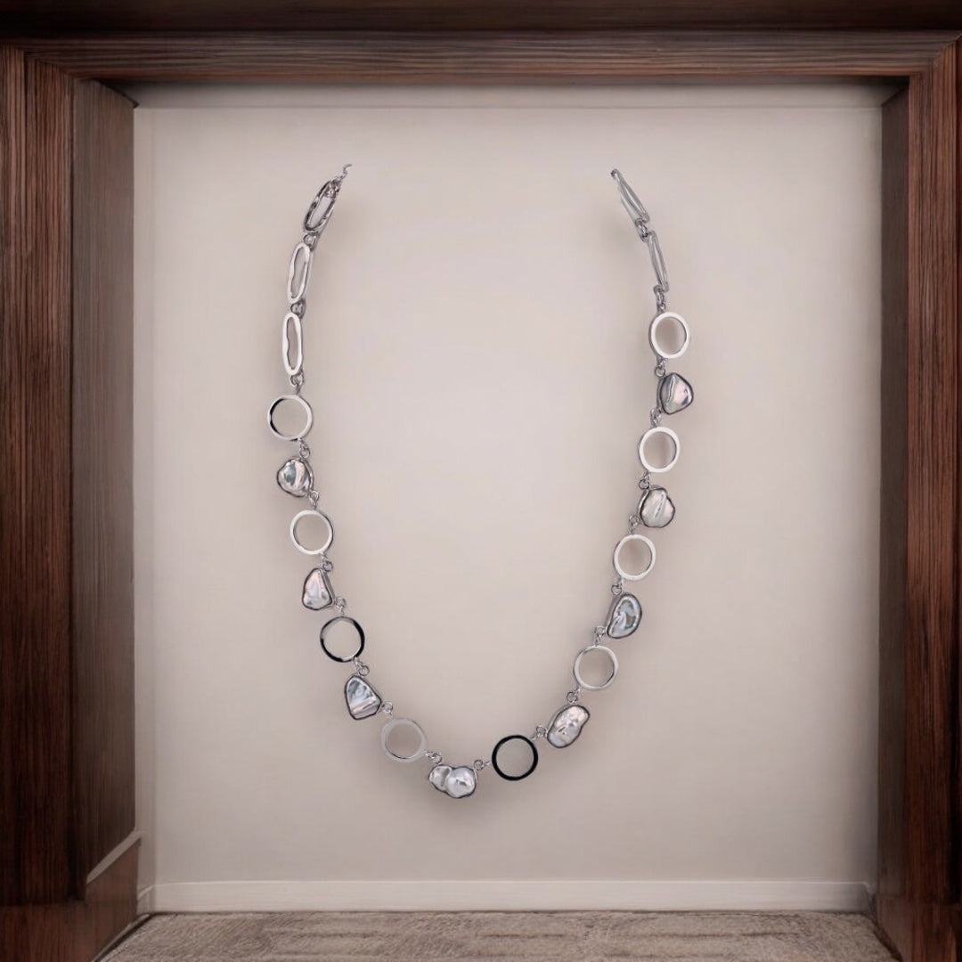 Sterling Silver Necklace with Freshwater Pearls and Circular Hoops - Toggle Clasp Design