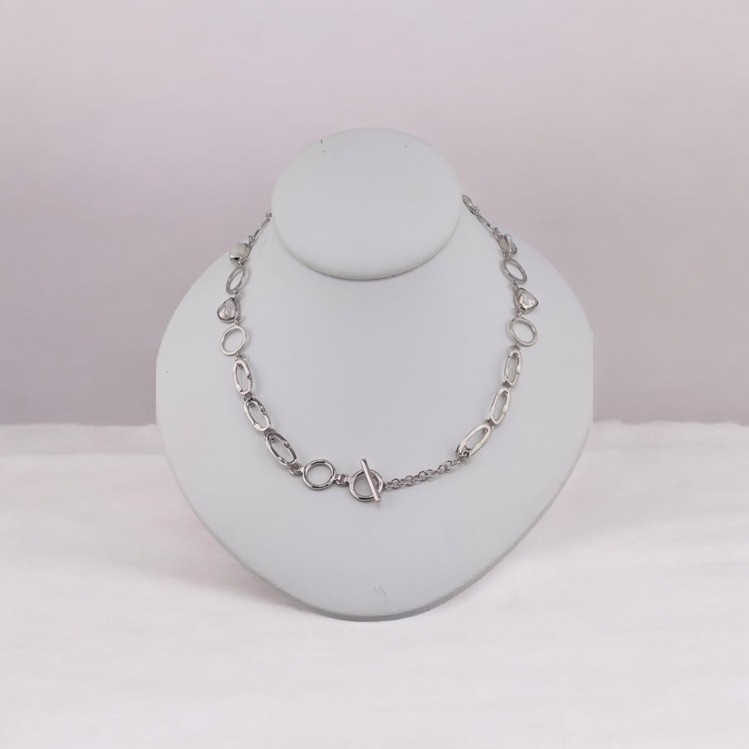 Sterling Silver Necklace with Freshwater Pearls and Circular Hoops - Toggle Clasp Design