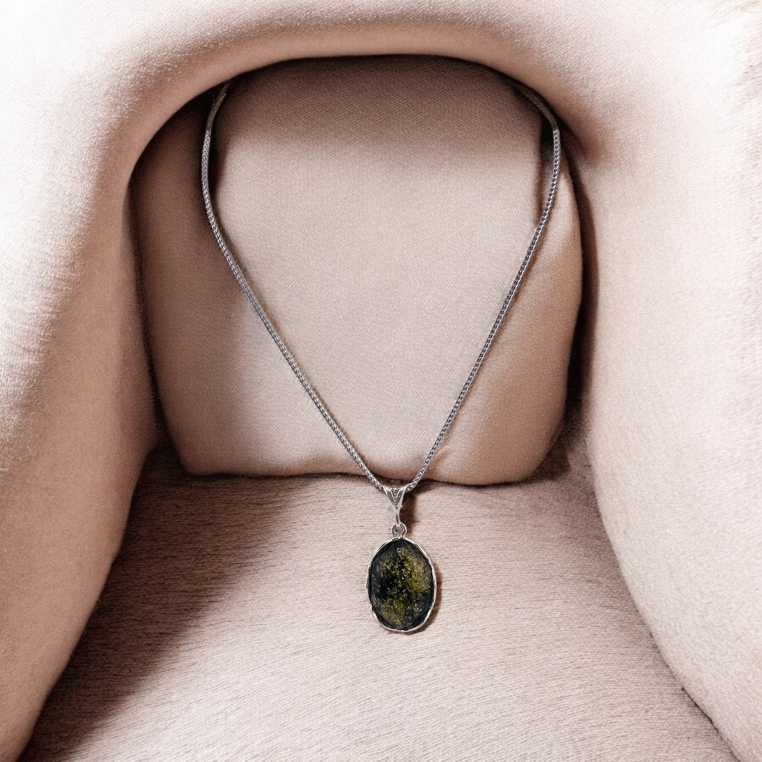 Sterling Silver, Baltic Green Amber, Oval, Pendant, Necklace