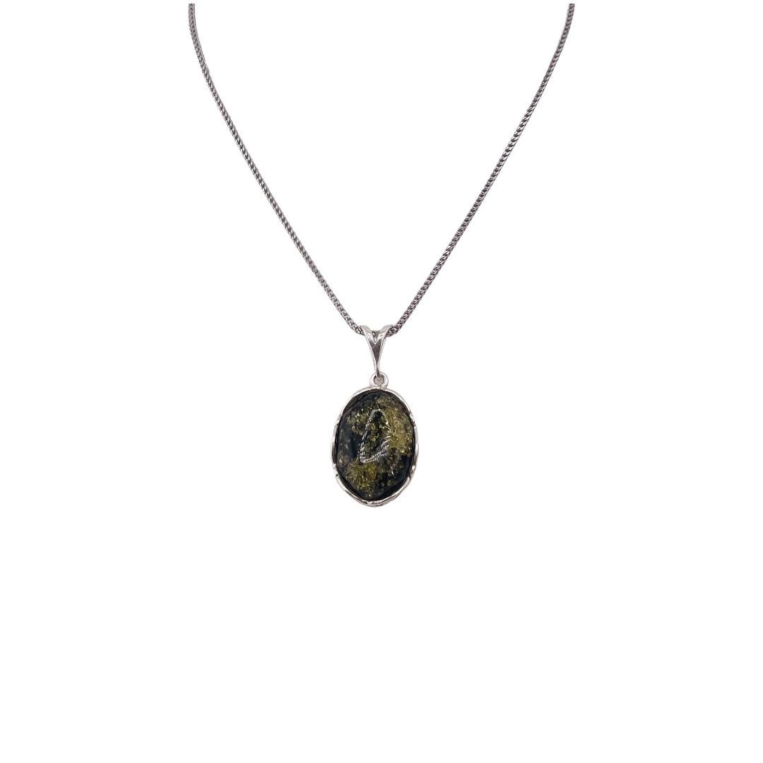 Sterling Silver, Baltic Green Amber, Oval, Pendant, Necklace