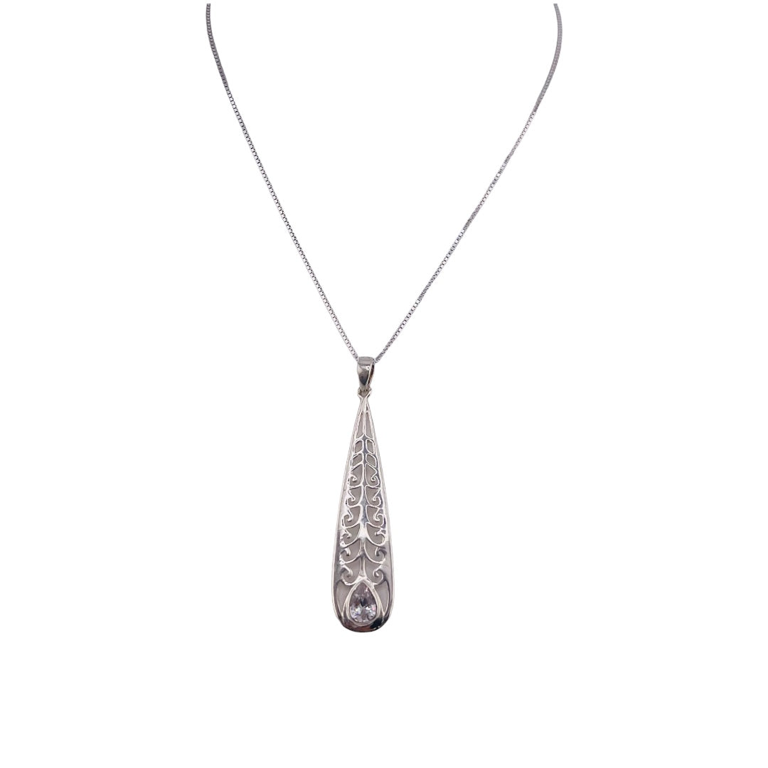 Sterling Silver, Zircon, Leaf, Clear Stone, Pendant, Necklace - Nature's Beauty