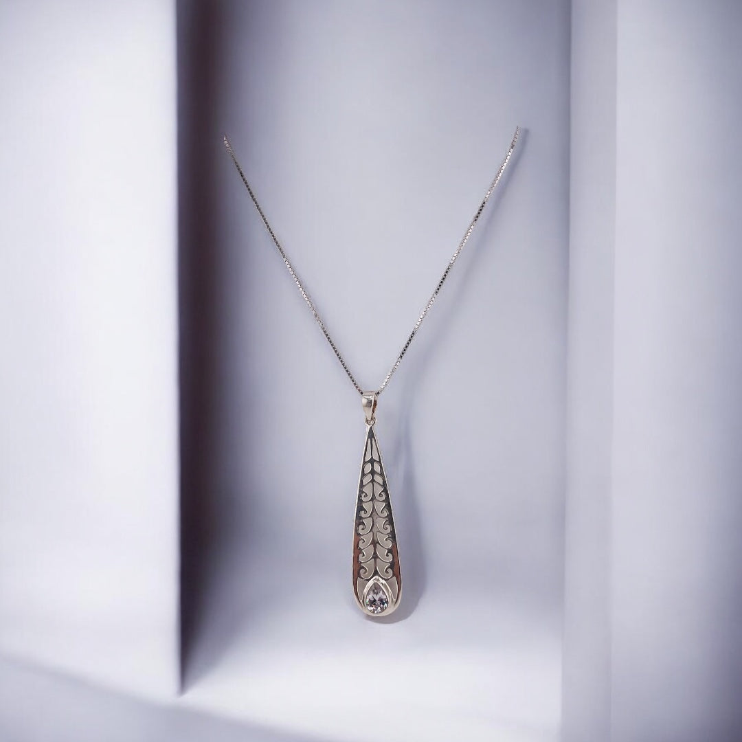 Sterling Silver, Zircon, Leaf, Clear Stone, Pendant, Necklace - Nature's Beauty