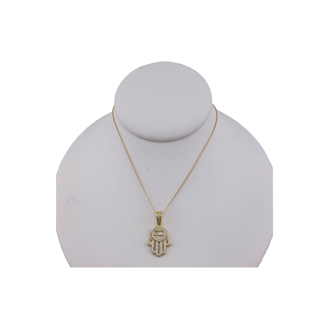 Gold-Plated, Sterling Silver, Zircon, Hamsa, Pendant, Necklace - Golden Hand