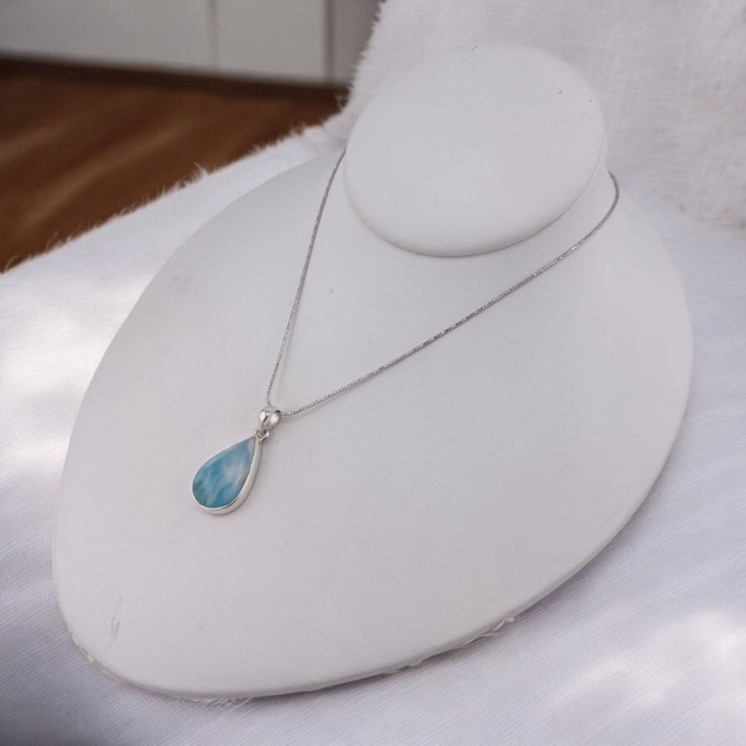 Sterling Silver, Larimar Gemstone, Tear Drop, Pendant, Necklace - Larimar Waves