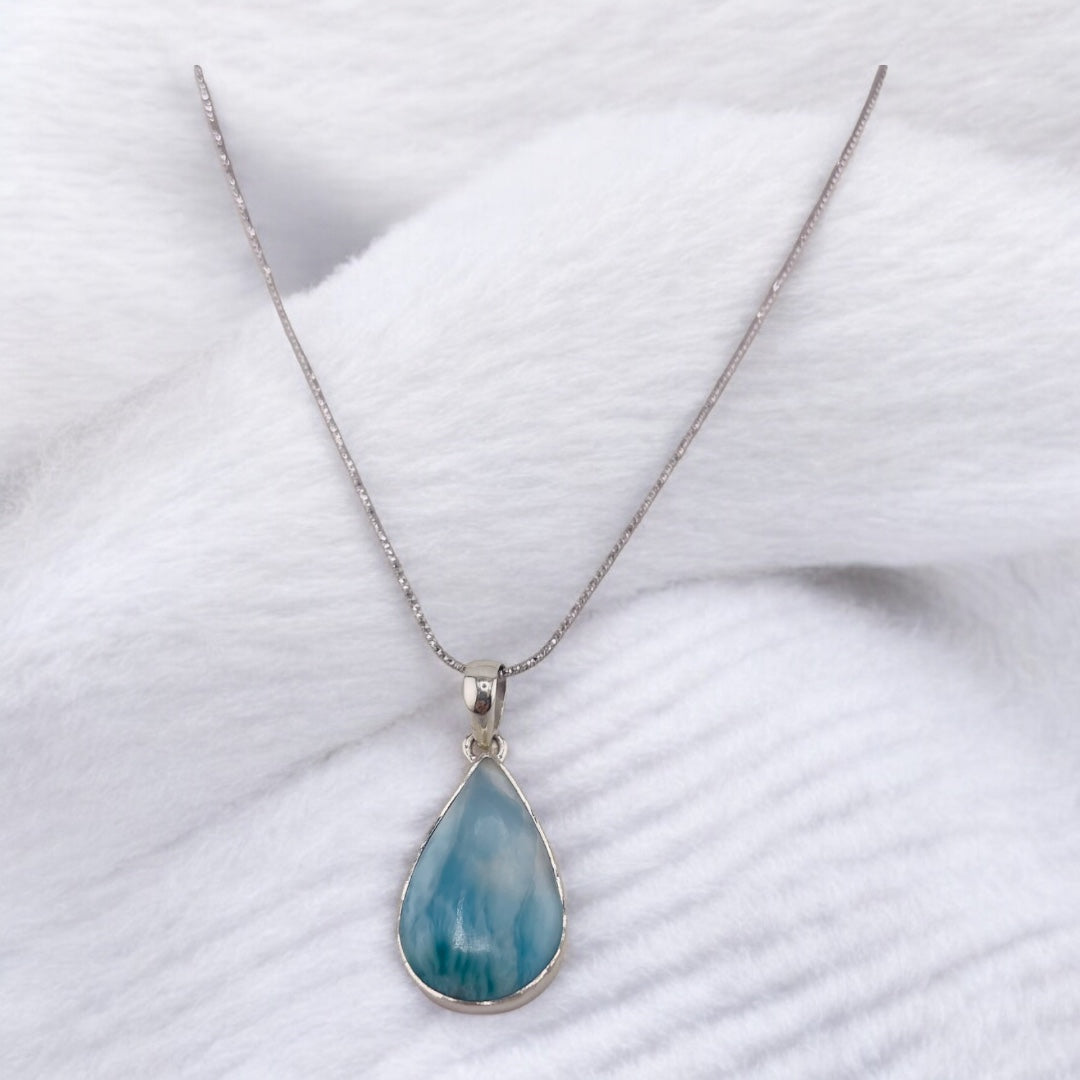 Sterling Silver, Larimar Gemstone, Tear Drop, Pendant, Necklace - Larimar Waves