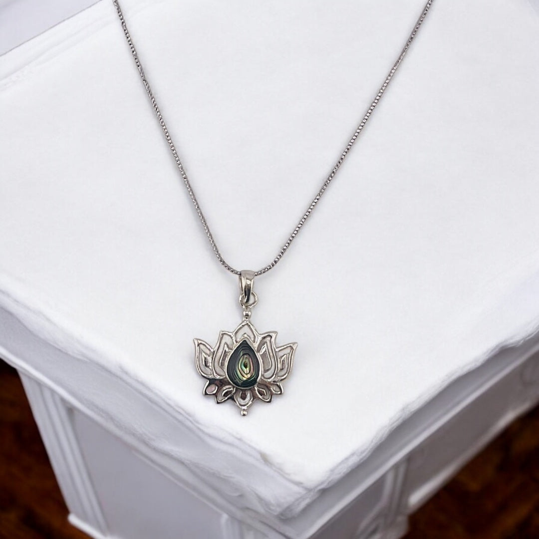 Sterling Silver, Natural Gemstone, Lotus Flower, Iridescent Stone, Pendant, Necklace