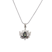 Sterling Silver, Natural Gemstone, Lotus Flower, Iridescent Stone, Pendant, Necklace