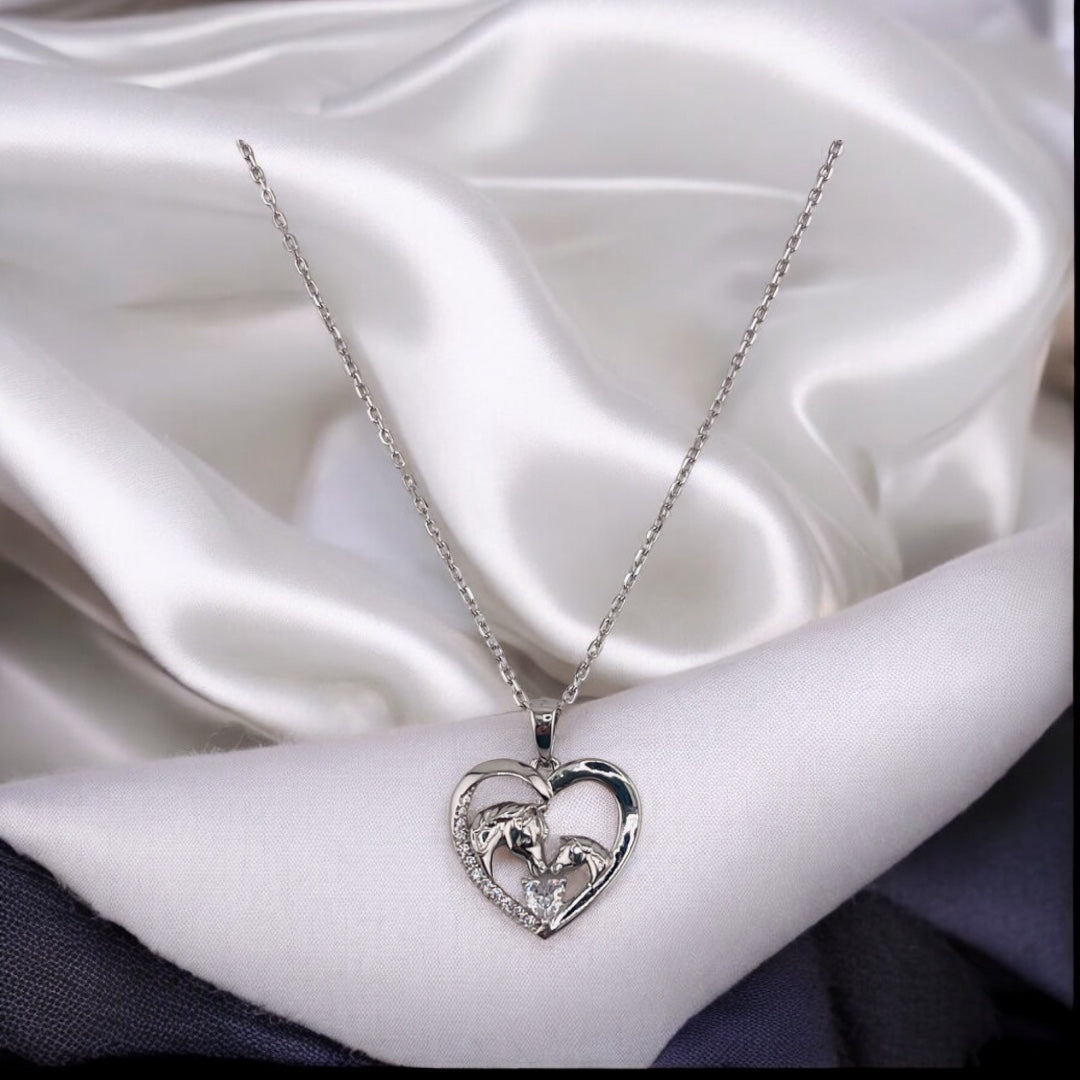 Sterling Silver, Zircon Heart & Horses Pendant, Necklace, Equestrian Gift, Trendy Jewelry