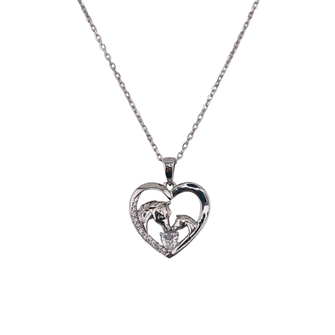 Sterling Silver, Zircon Heart & Horses Pendant, Necklace, Equestrian Gift, Trendy Jewelry