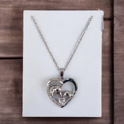 Sterling Silver, Zircon Heart & Horses Pendant, Necklace, Equestrian Gift, Trendy Jewelry