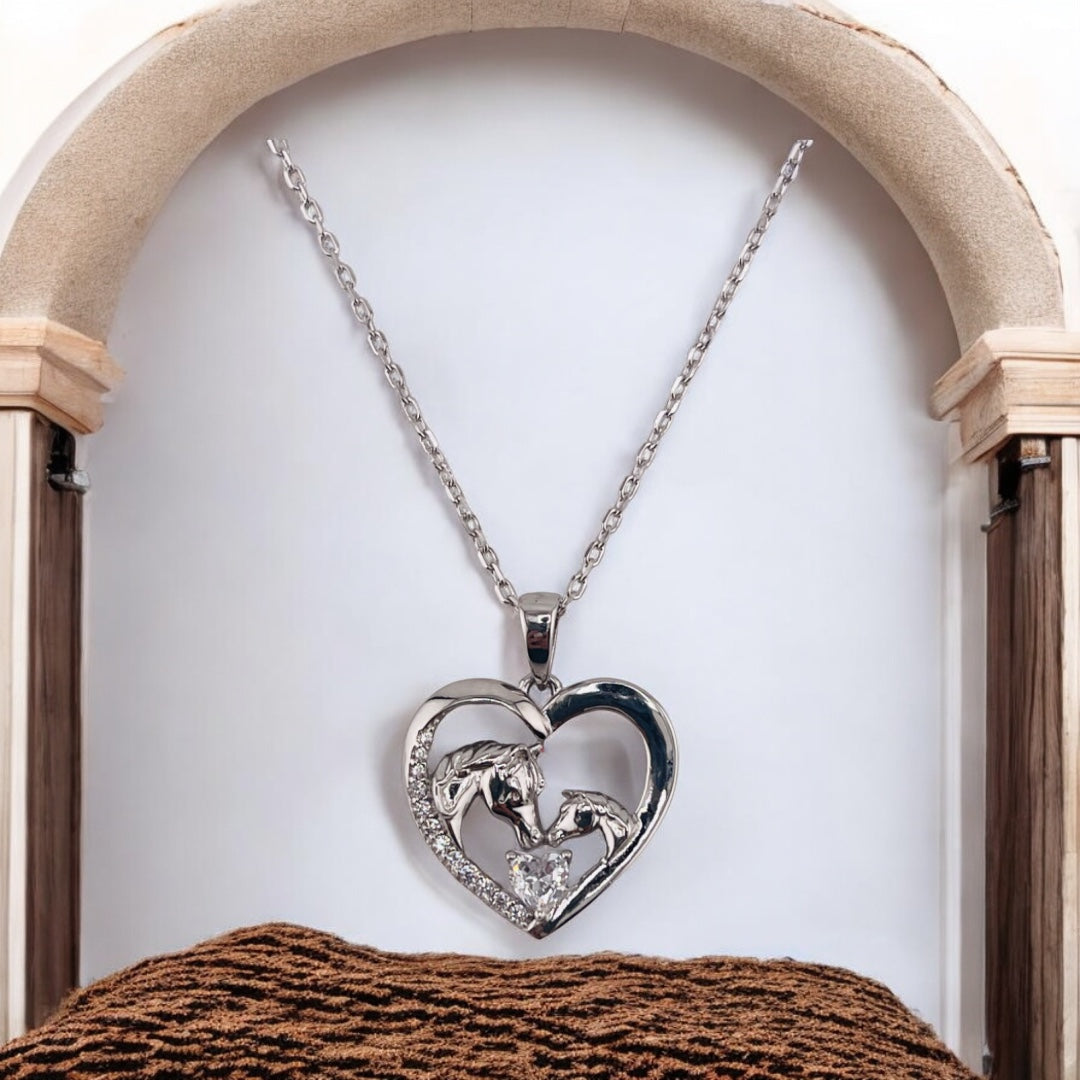 Sterling Silver, Zircon Heart & Horses Pendant, Necklace, Equestrian Gift, Trendy Jewelry