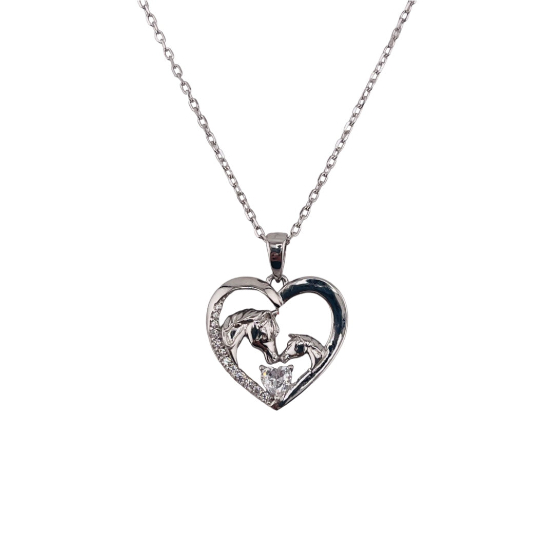 Sterling Silver, Zircon Heart & Horses Pendant, Necklace, Equestrian Gift, Trendy Jewelry