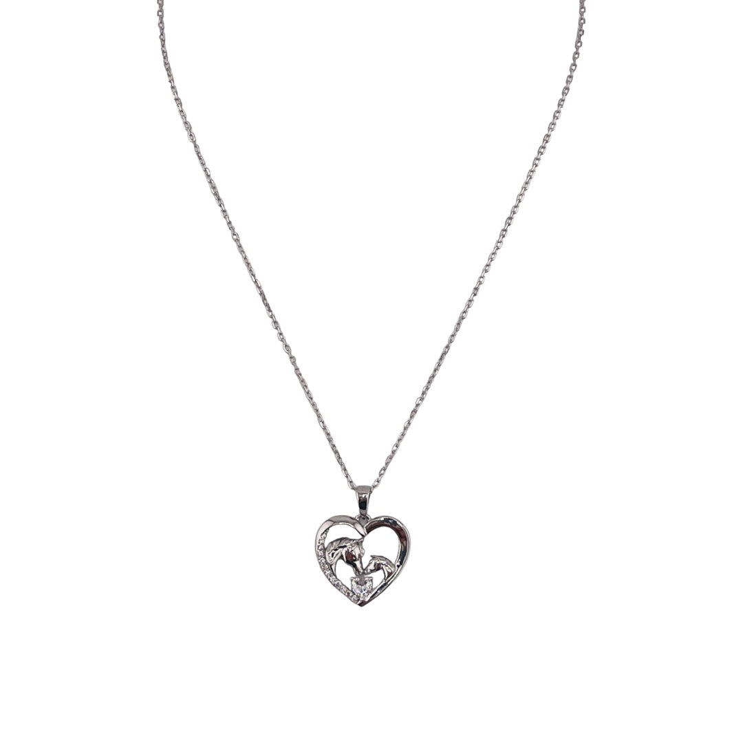 Sterling Silver, Zircon Heart & Horses Pendant, Necklace, Equestrian Gift, Trendy Jewelry