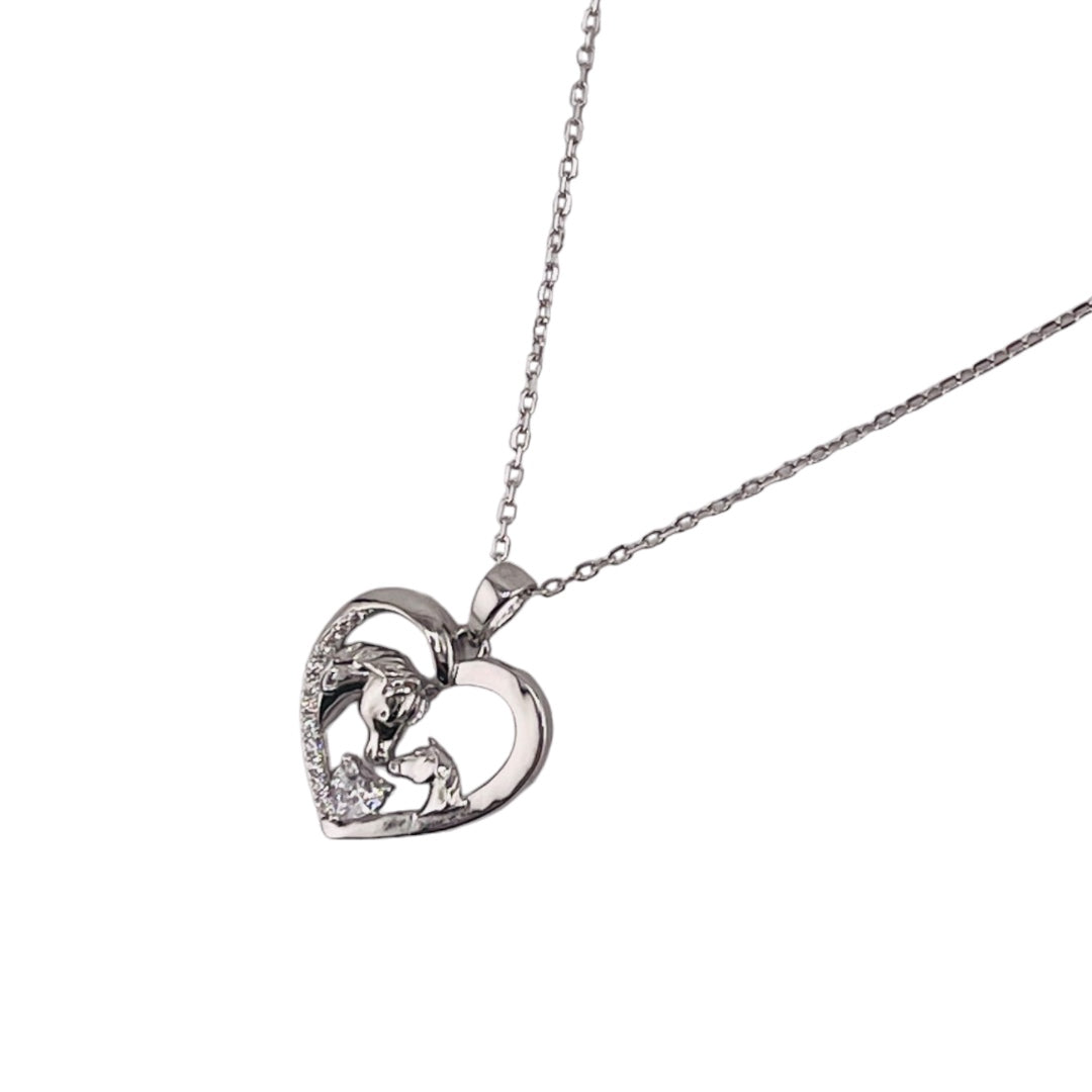 Sterling Silver, Zircon Heart & Horses Pendant, Necklace, Equestrian Gift, Trendy Jewelry