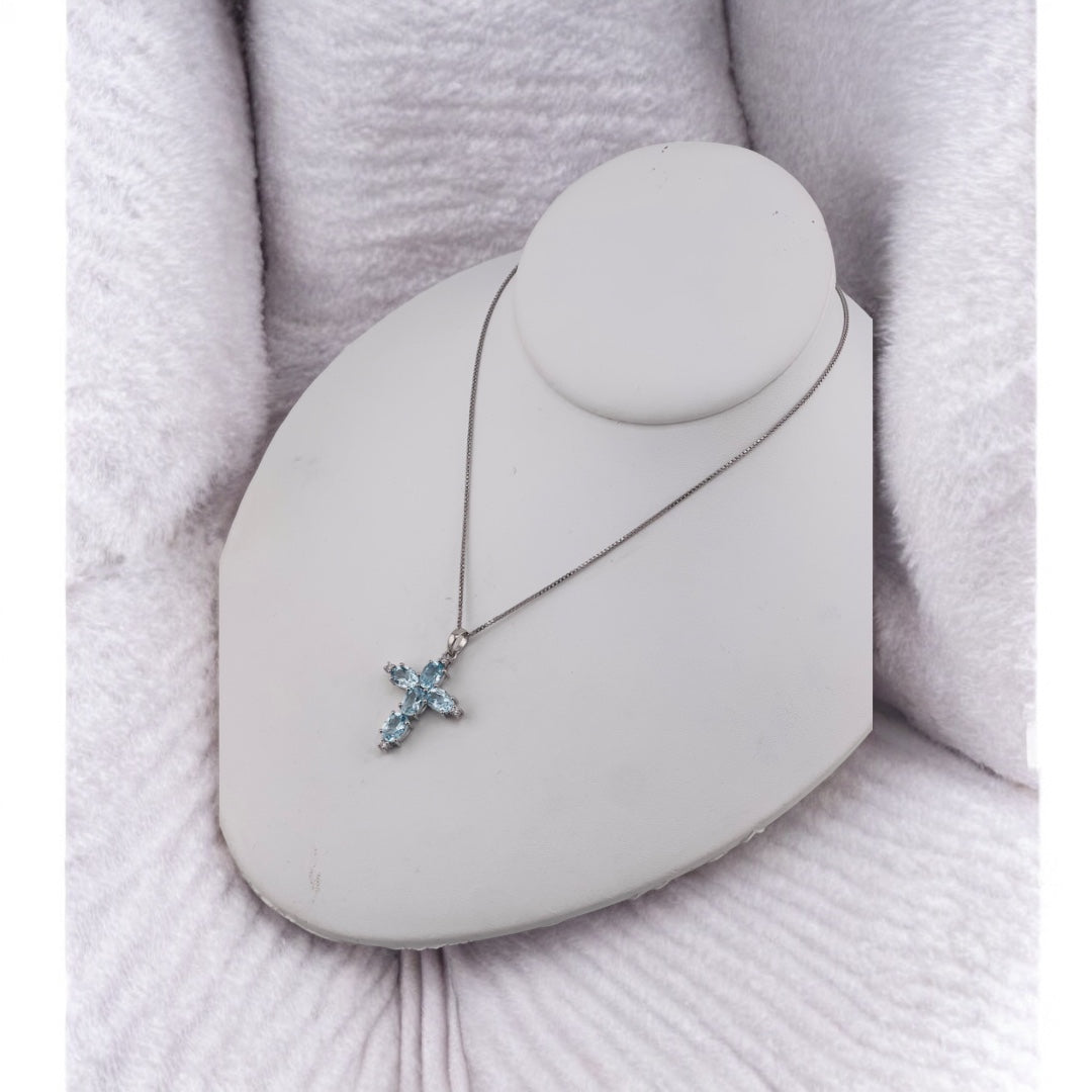 Sterling Silver, Soft Blue Zircon, Cross Pendant, Necklace, Perfect Gift, Statement Piece