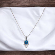 Sterling Silver Hamsa Blue Opal Evil Eye Pendant Necklace - Spiritual Jewelry, Gift for Protection