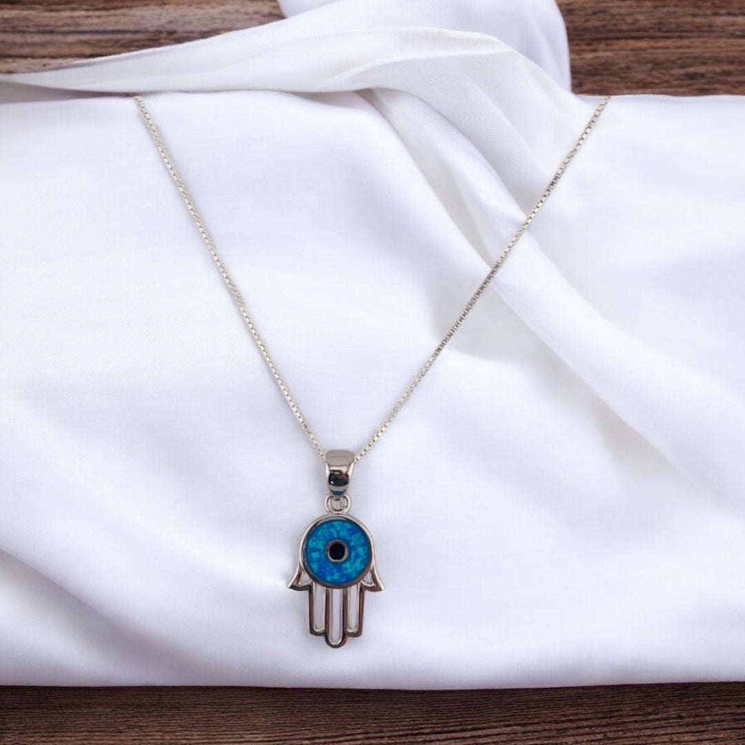 Sterling Silver Hamsa Blue Opal Evil Eye Pendant Necklace - Spiritual Jewelry, Gift for Protection