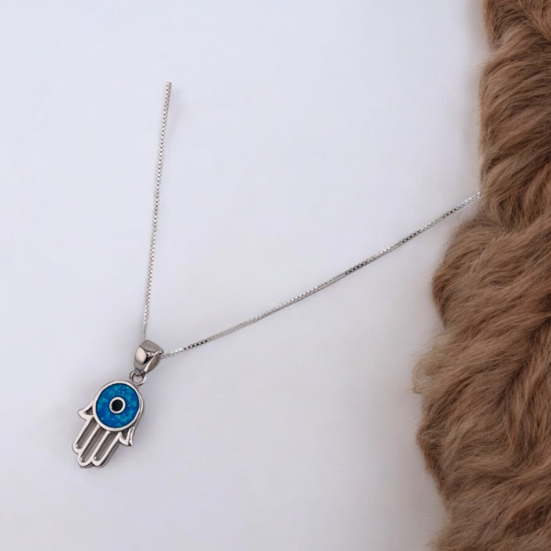 Sterling Silver Hamsa Blue Opal Evil Eye Pendant Necklace - Spiritual Jewelry, Gift for Protection