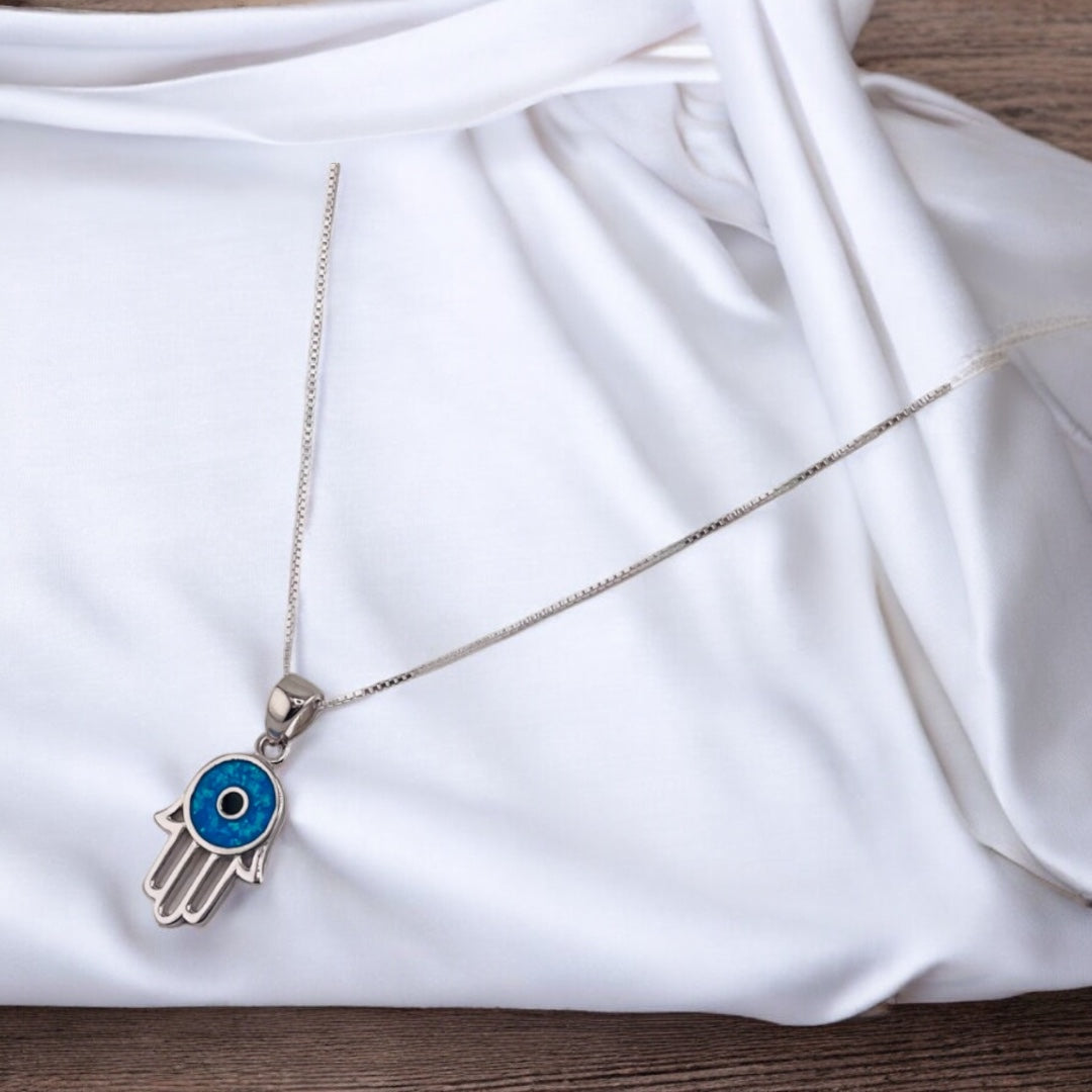 Sterling Silver Hamsa Blue Opal Evil Eye Pendant Necklace - Spiritual Jewelry, Gift for Protection