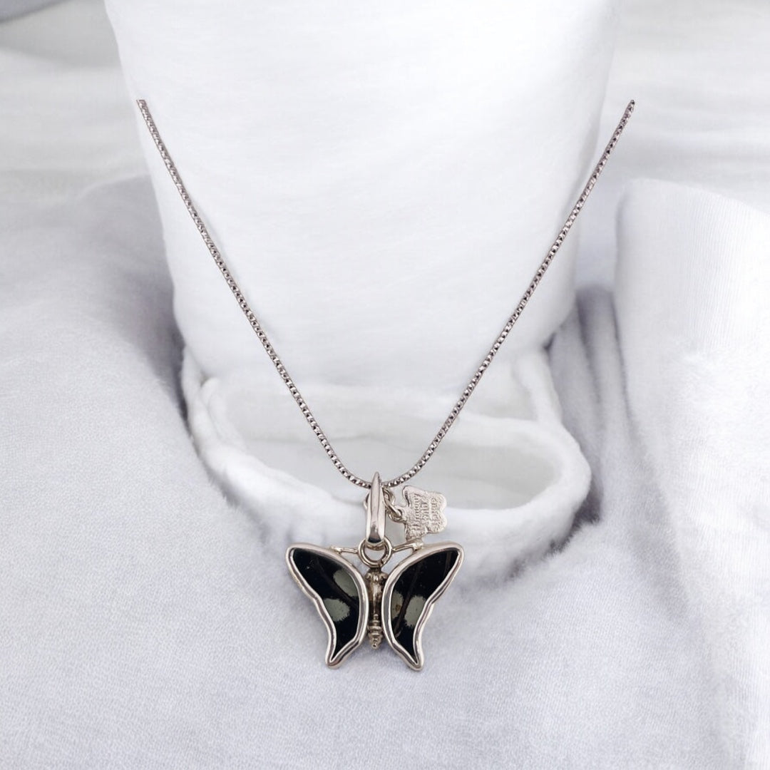 Iridescent Butterfly Pendant, Sterling Silver Necklace with Dark and Light Tones - Perfect Holiday and Birthday Gift