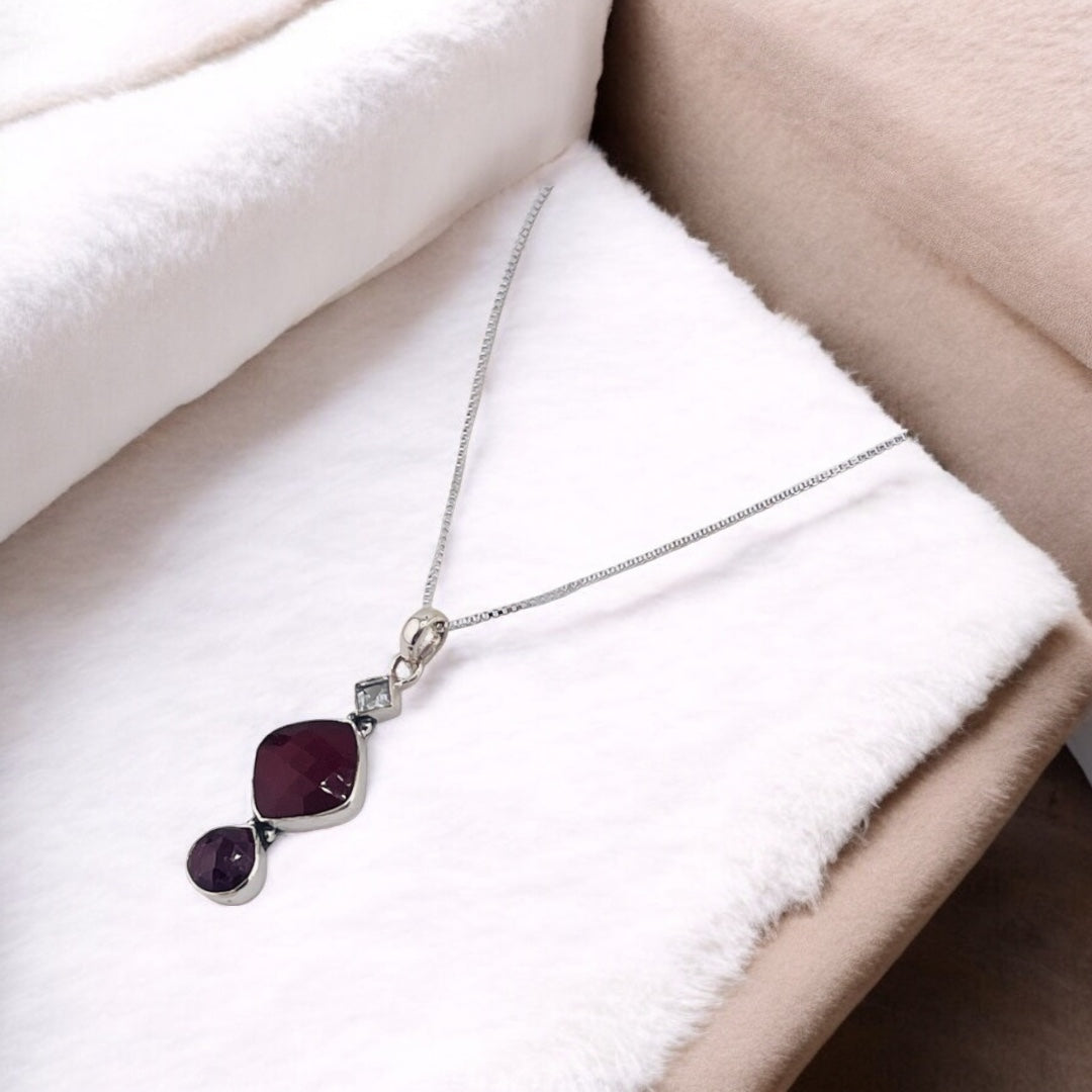 Burgundy Stone Pendant, Sterling Silver Necklace,  Linked Square and Teardrop Design, Holiday and Birthday Gift